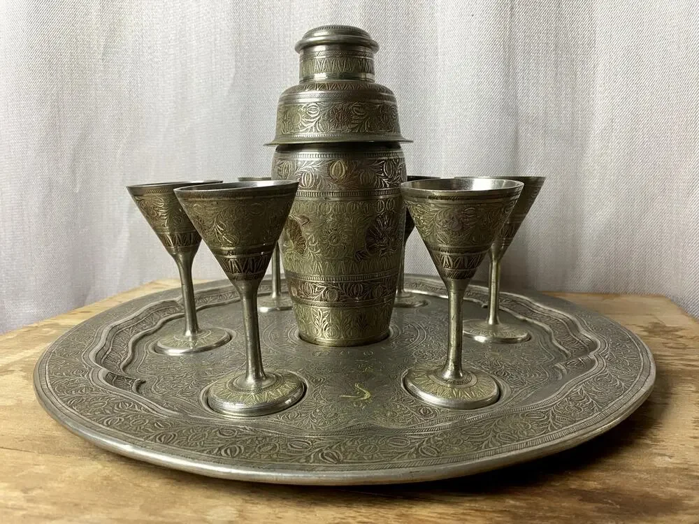 Vintage Indian Etched Brass Peacock Cocktail Shaker Cordial Set 8pc Tray